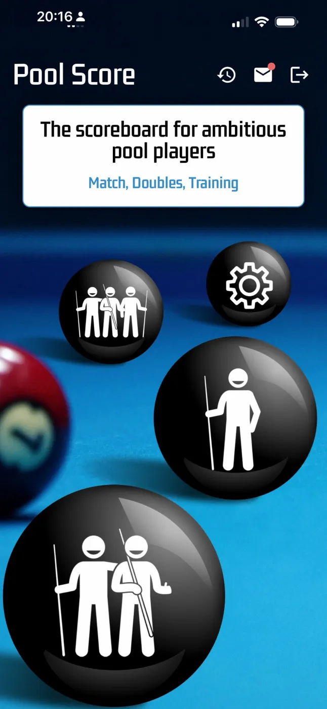 The Home screen: Match, Training, Player Center and Settings as balls on the cloth