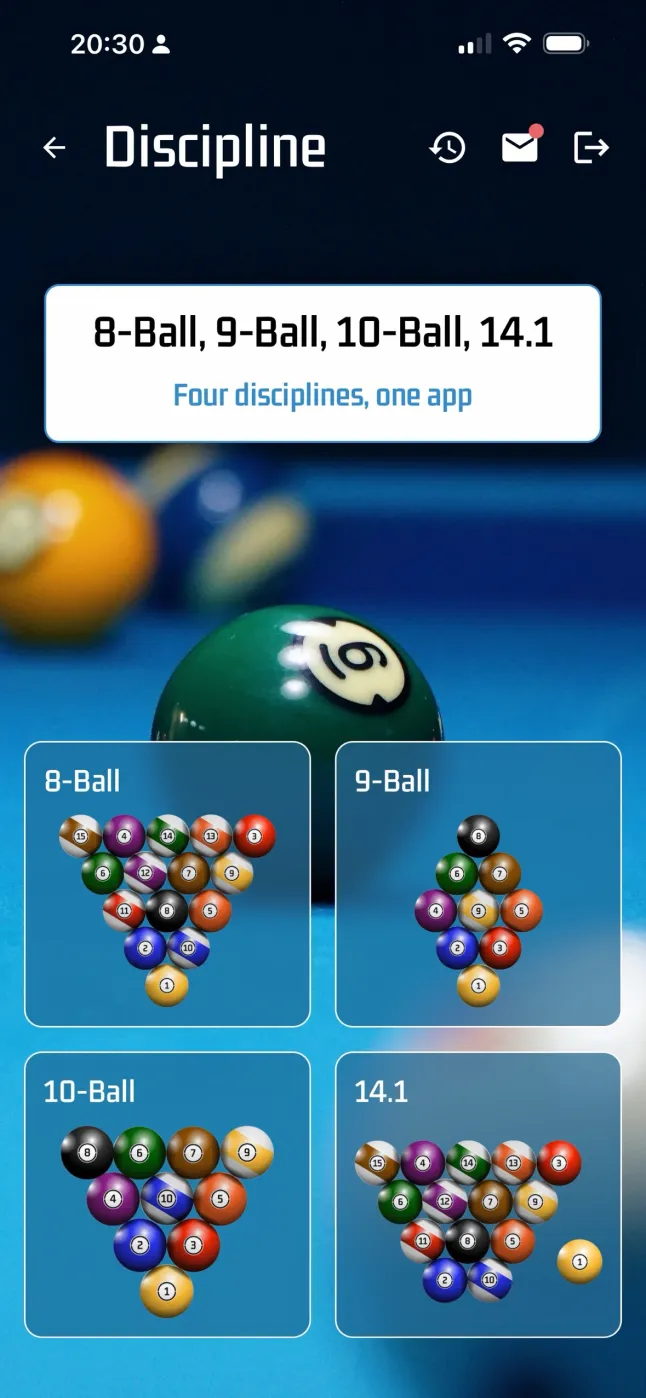 The Discipline screen with 8-Ball, 9-Ball, 10-Ball and 14.1