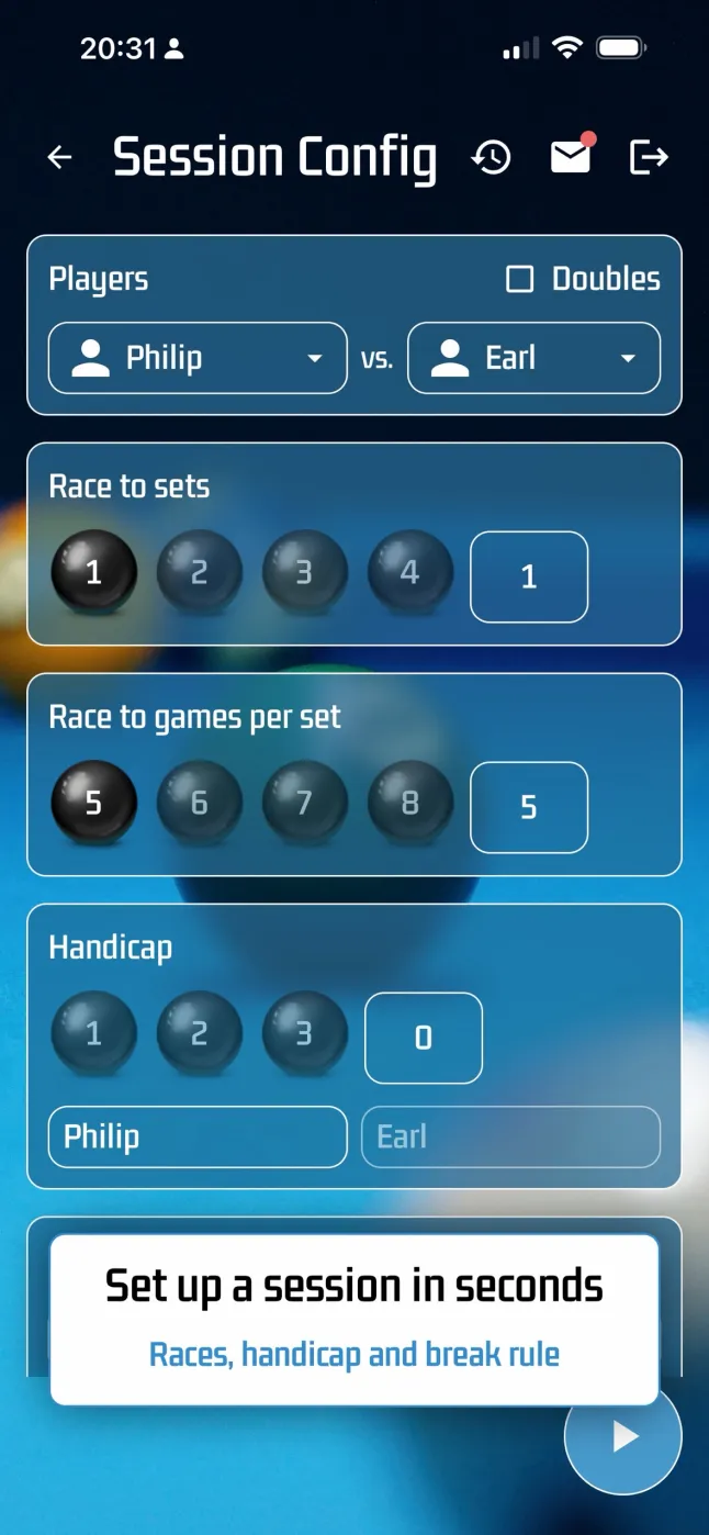 The Session Config screen with the players, the target, the inning limit and the handicap