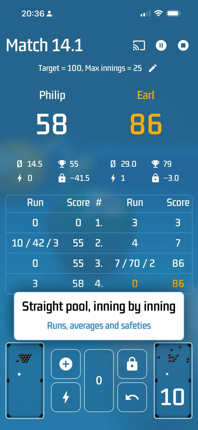 The 14.1 session with the scores, the metrics and the innings grid
