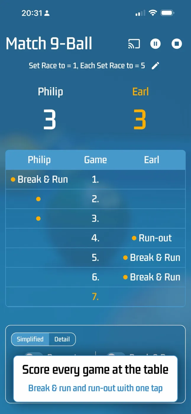 The 9-Ball session in simplified capture with the games grid