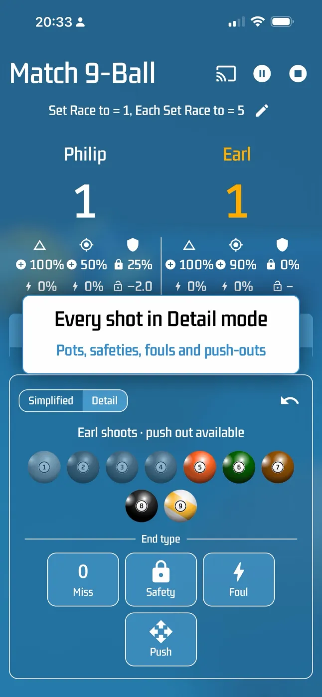 The 9-Ball session in detail capture with the nine balls and the end types
